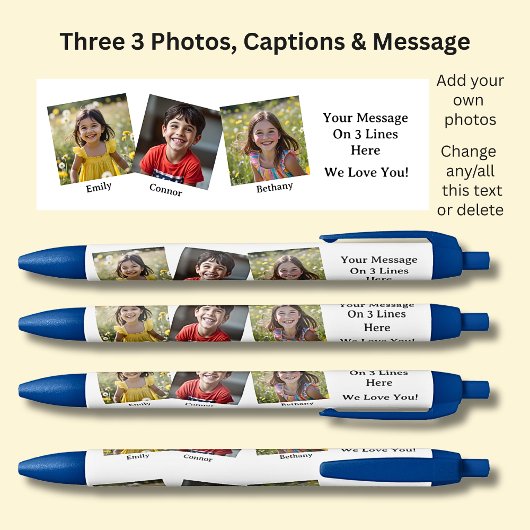 Drie 3 foto's met namen en bericht wit op blauw blauwe inkt pen