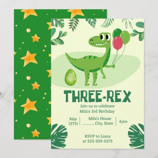 Drie 3e dinosaurusuitnodiging kaart (Voorkant / Achterkant)