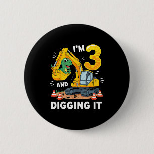 Drie 3jr 3de verjaardag bouw dinosaurus jongen 3 ronde button 5,7 cm