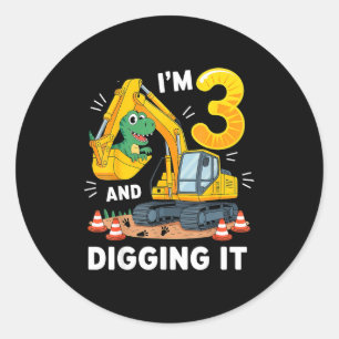 Drie 3jr 3de verjaardag bouw dinosaurus jongen 3 ronde sticker