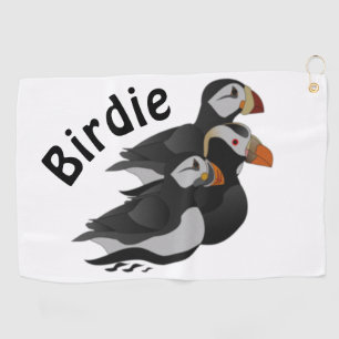 Drie aangenaam bevriende Puffins-zwemmers-Cartoon Golfhanddoek