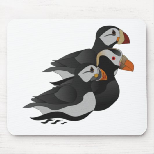 Drie aangenaam bevriende Puffins-zwemmers-Cartoon Muismat (Voorkant)