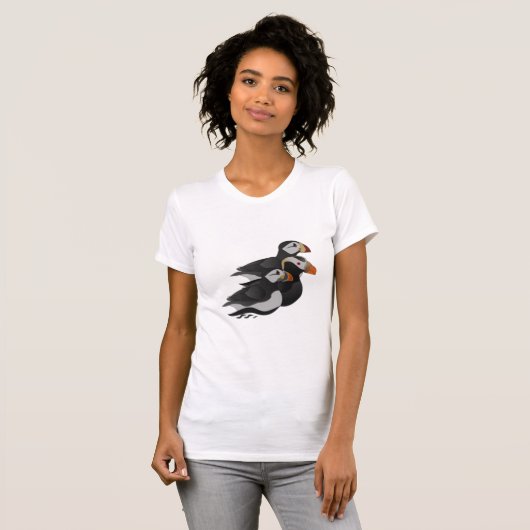 Drie aangenaam bevriende Puffins-zwemmers-Cartoon T-shirt (Voorkant volledig)