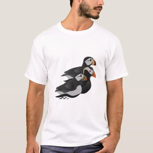 Drie aangenaam bevriende Puffins-zwemmers-Cartoon T-shirt (Voorkant)