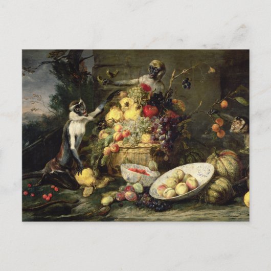 Drie aapjes met stelen (olie op doek) briefkaart (Voorkant)