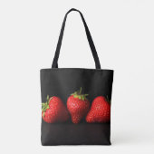 Drie aardbeien op zwarte stcanne tote bag (Achterkant)