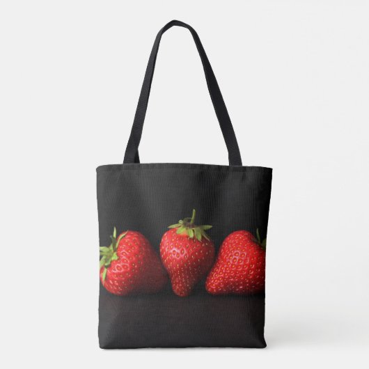 Drie aardbeien op zwarte stcanne tote bag (Achterkant)