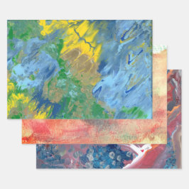 Drie abstracte acrylschilderijen inpakpapier vel