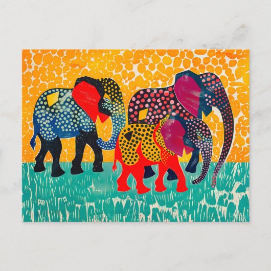 Drie abstracte olifanten in een veld met gele stip feestdagenkaart (Voorkant)