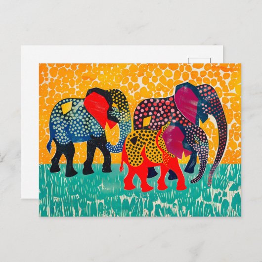Drie Abstracte olifanten in het Yellow Dot Field Feestdagenkaart (Voorkant / Achterkant)