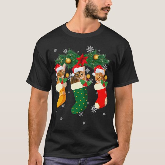 Drie Abyssische kat in Sock Funny Kerstmis a T-shirt (Voorkant)