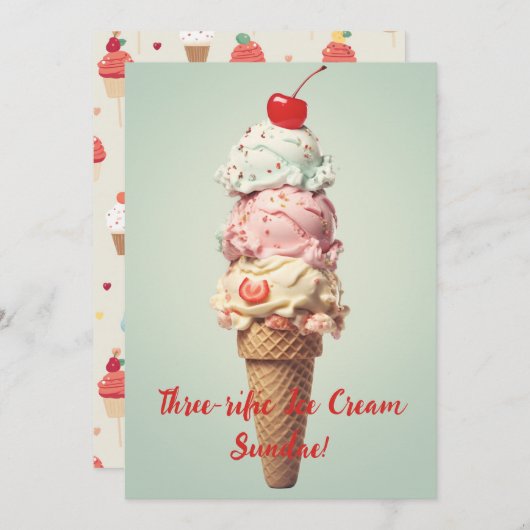 Drie-achtige ijs-sundae verjaardagskaart kaart (Voorkant / Achterkant)