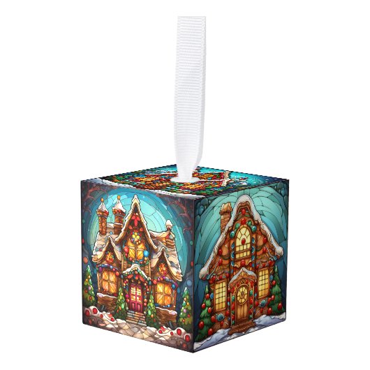 Drie Afbeelding Glas in lood Kerstkubus Ornament (Voorkant hoekig)