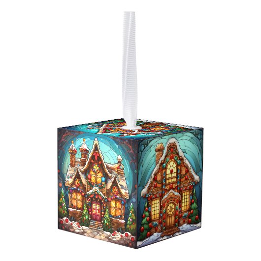 Drie Afbeelding Glas in lood Kerstkubus Ornament (Achter hoekig)