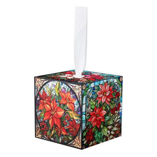 Drie Afbeelding Glas in lood Kerstkubus Ornament (Voorkant hoekig)