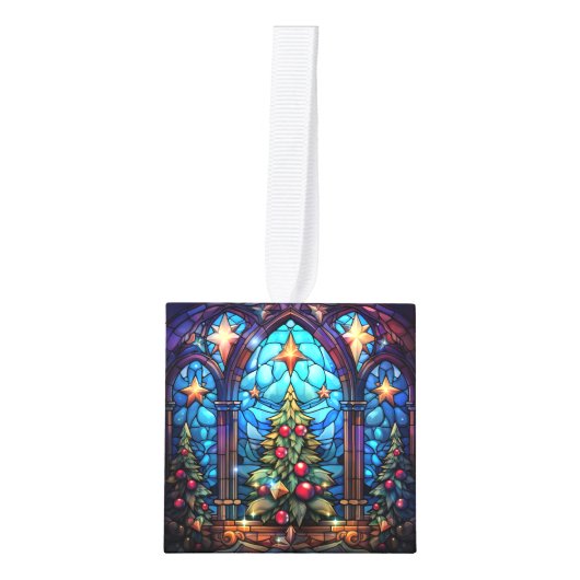 Drie Afbeelding Glas in lood Kerstkubus Ornament (Voorkant)