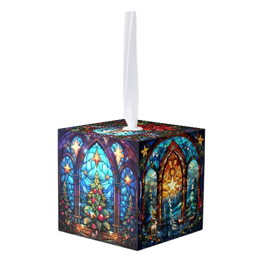Drie Afbeelding Glas in lood Kerstkubus Ornament (Achter hoekig)