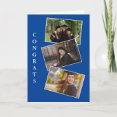 Drie afstuderen foto-felicitaties blauwe kaart (Voorkant)