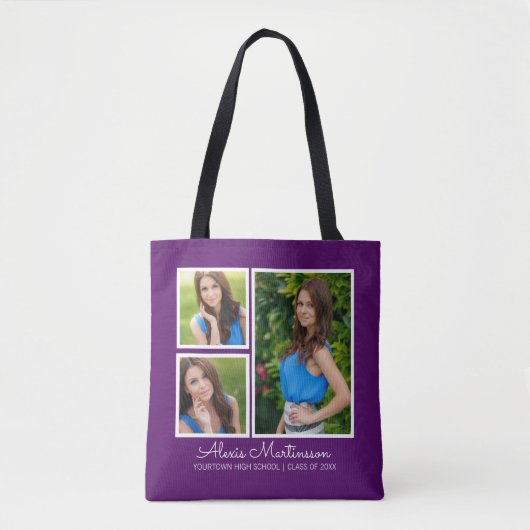 Drie Afstuderen foto's Jaar Paars Wit Tote Bag (Voorkant)