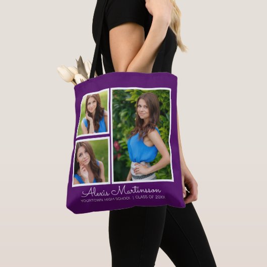 Drie Afstuderen foto's Jaar Paars Wit Tote Bag (Dichtbij)