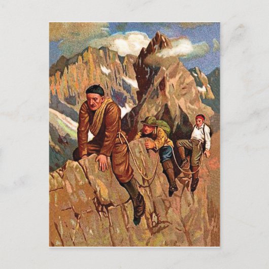 Drie alpinisten op de bergtop, grappige vintage briefkaart (Voorkant)