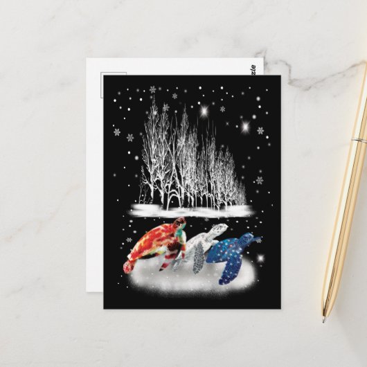 Drie Amerikaanse T-Shirt Snowflake kerst met schil Briefkaart (Voorkant / Achterkant in situ)