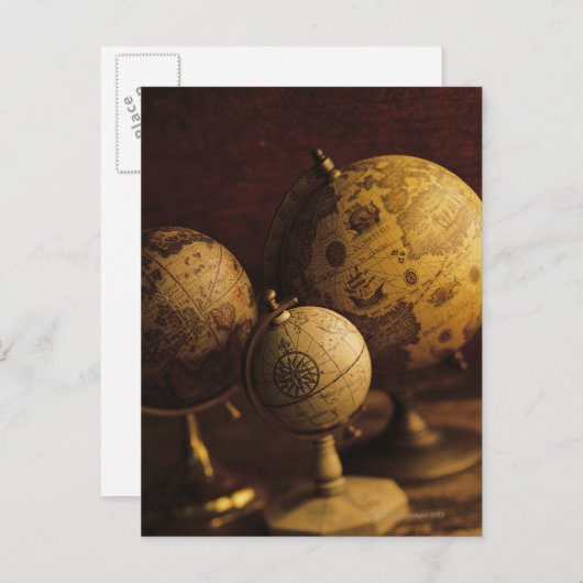 Drie antiek wereldbollen briefkaart (Voorkant / Achterkant)