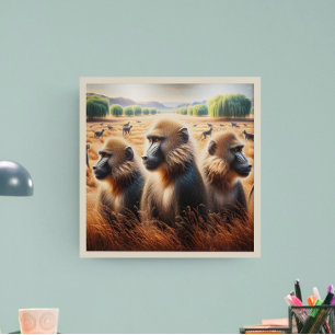 Drie Apen Frolicking in Meadow Poster