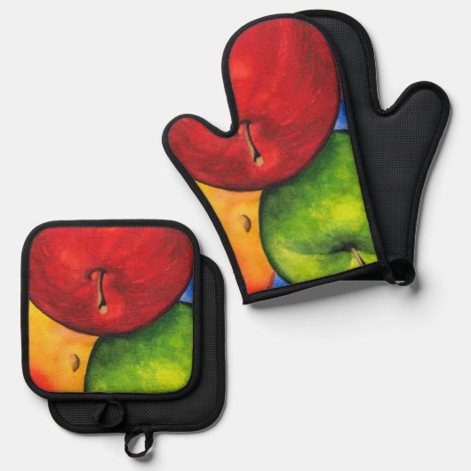 Drie appels ovenwant & pannenlap set (Voorkant / Achterkant)