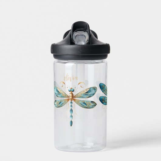 Drie Aqua en Gold Whimsical Dragonfly Waterfles (Voorkant)