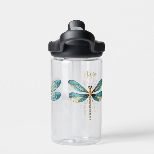 Drie Aqua en Gold Whimsical Dragonfly Waterfles (Achterkant)