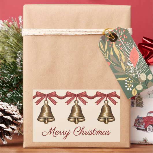 Drie aquarel messing kerstklokken en tekst rechthoekige sticker (Feestdagen)