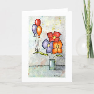 Drie ballonbloemen Waterverf Wenskaart Kaart