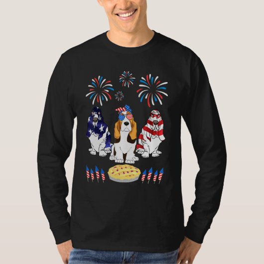 Drie Basset Hound Dance US Flag Vuurwerk Cak T-shirt (Voorkant)