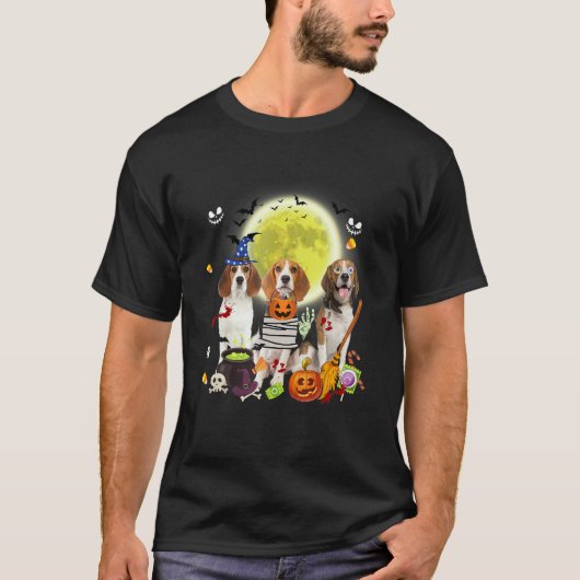 Drie Beagle Honden Heks Enge Mummie Halloween T-shirt (Voorkant)