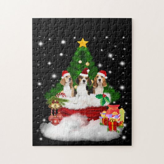 Drie beagles kerstmis met kerstboom legpuzzel (Verticaal)