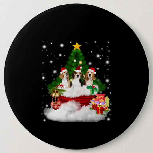Drie beagles kerstmis met kerstboom ronde button 6,0 cm (Voorkant)