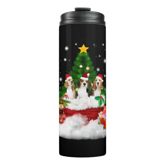 Drie beagles kerstmis met kerstboom thermosbeker (Voorkant)