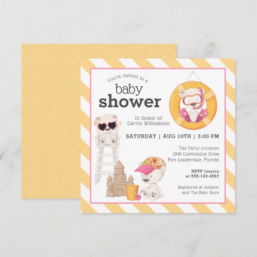 Drie Beren in het Beach Baby shower voor Meisje Kaart (Voorkant / Achterkant)