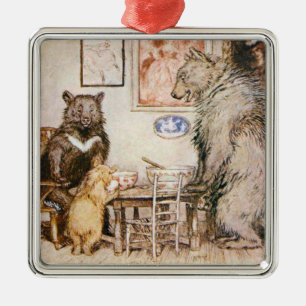 Drie beren vierkante kerstversiering vintage illus metalen ornament