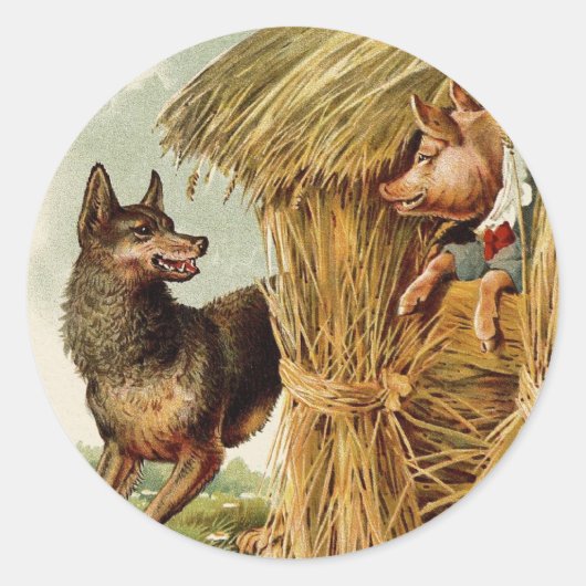 Drie Biggetjes Grote Boze Wolf, Klassiek Sprookje Ronde Sticker (Voorkant)
