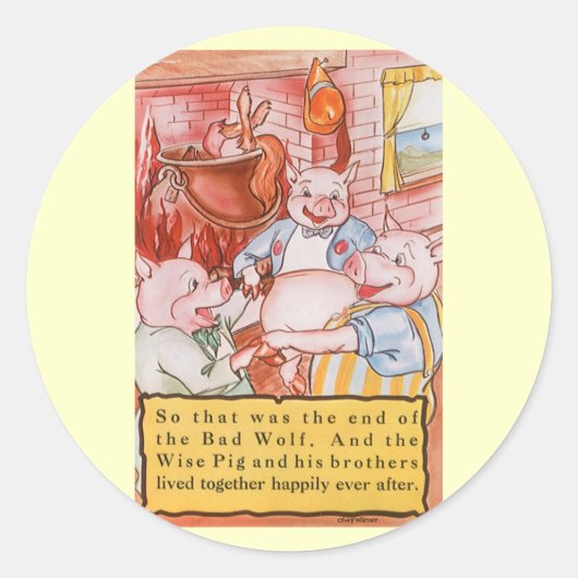 Drie Biggetjes Koken Wolf, Vintage Sprookje Ronde Sticker (Voorkant)