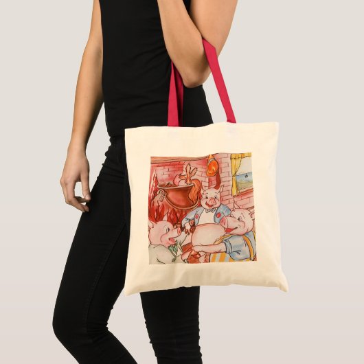 Drie Biggetjes Koken Wolf, Vintage Sprookje Tote Bag (Voorkant (product))