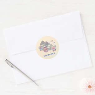 Drie biggetjes vieren gelukkige verjaardag ronde sticker