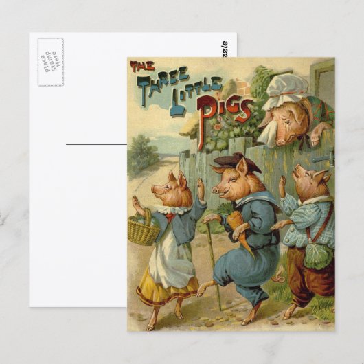 Drie Biggetjes Vintage Sprookje Briefkaart (Voorkant / Achterkant)