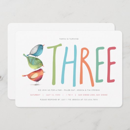 Drie Birdie Third Birthday party Kaart (Voorkant / Achterkant)