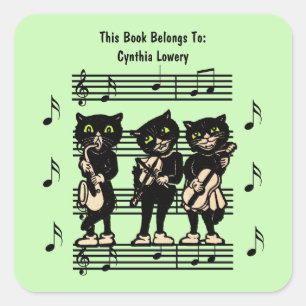 Drie Black Cat Muzikanten Bladmuziek Groen Vierkante Sticker