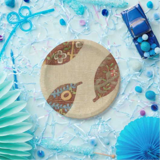 Drie bladeren op Linen Texture Background Papieren Bordje (Feest)