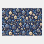 Drie blauw en gouden sierlijke Design Kerst Inpakpapier Vel (Voorkant 2)