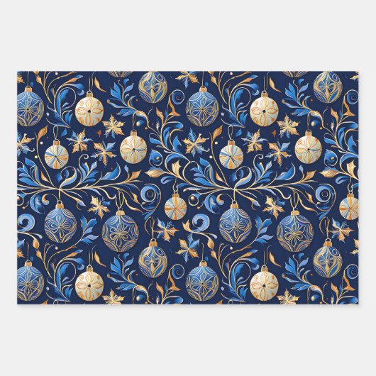 Drie blauw en gouden sierlijke Design Kerst Inpakpapier Vel (Voorkant 2)